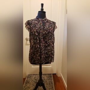 Ultra Pink Pleated Keyhole Floral Blouse - Black Multi